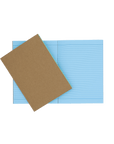 Socolo Exersize book with a kraft cover, open showing its blue paper pages, lined with blue ink.
