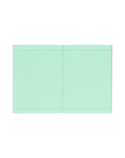 Socolo notebook, open showing its green paper pages, lined with green ink.
