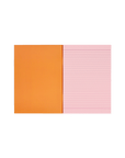 Socolo notebook, open showing its pink paper pages, lined with pink ink, and an orange inner cover.
