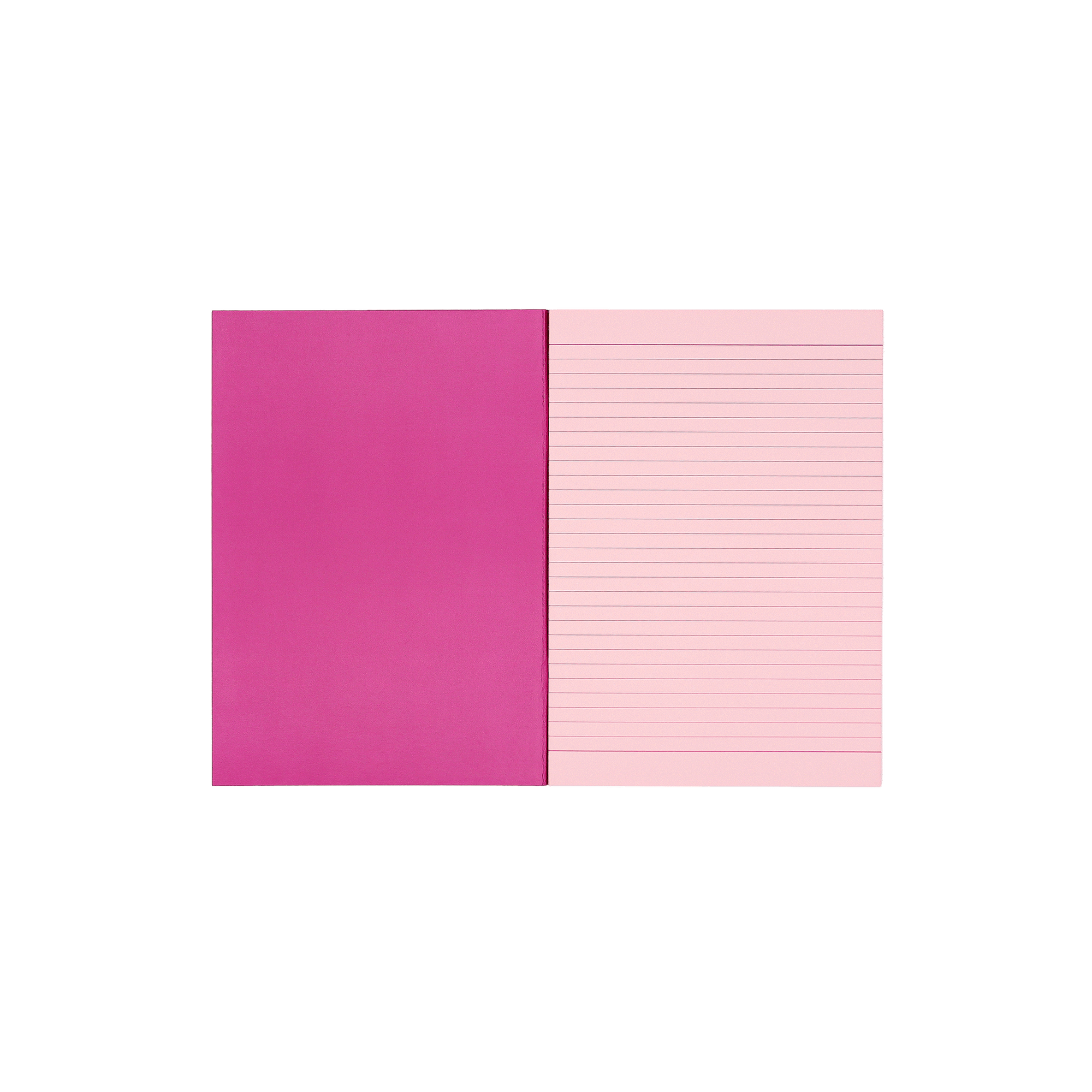 Socolo notebook, open showing its pink paper pages, lined with pink ink, and dark pink inner cover.