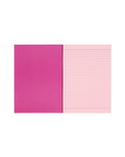 Socolo notebook, open showing its pink paper pages, lined with pink ink, and dark pink inner cover.