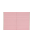 Socolo notebook, open showing its pink paper pages, lined with pink ink.