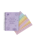 Purple planner, by Dyslexic Dayna , with the title of My Mind is a Series of Unfinished Doodles. There are 2 A5 sheets of rainbow planner stickers, sticking out of the planner. 