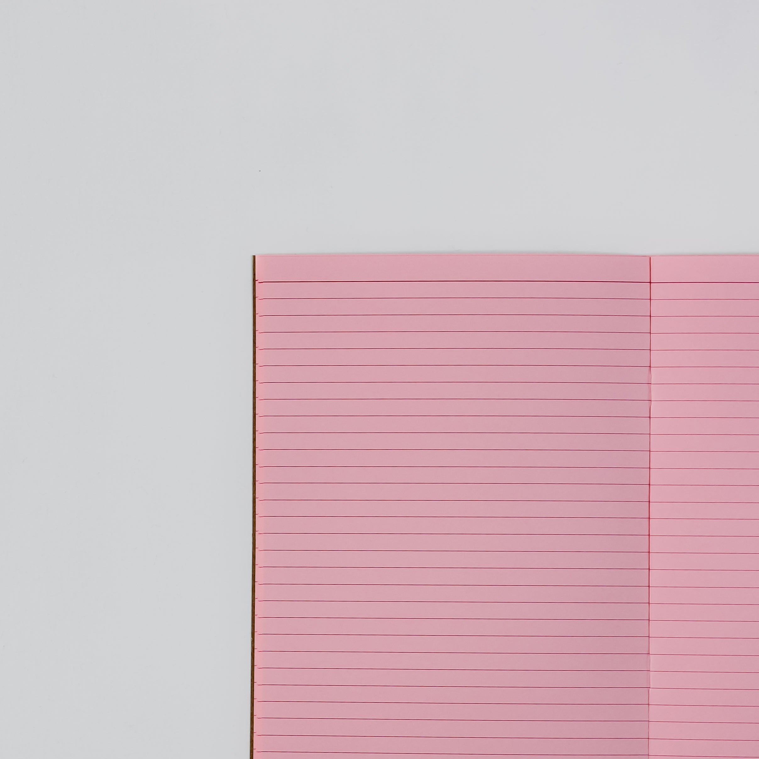 A closeup of the inside pages of a pink paper notebook , lined with dark pink ink.