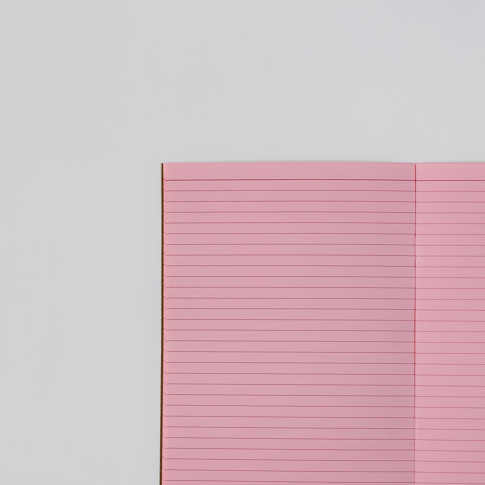 A closeup of the inside pages of a pink paper notebook , lined with dark pink ink.