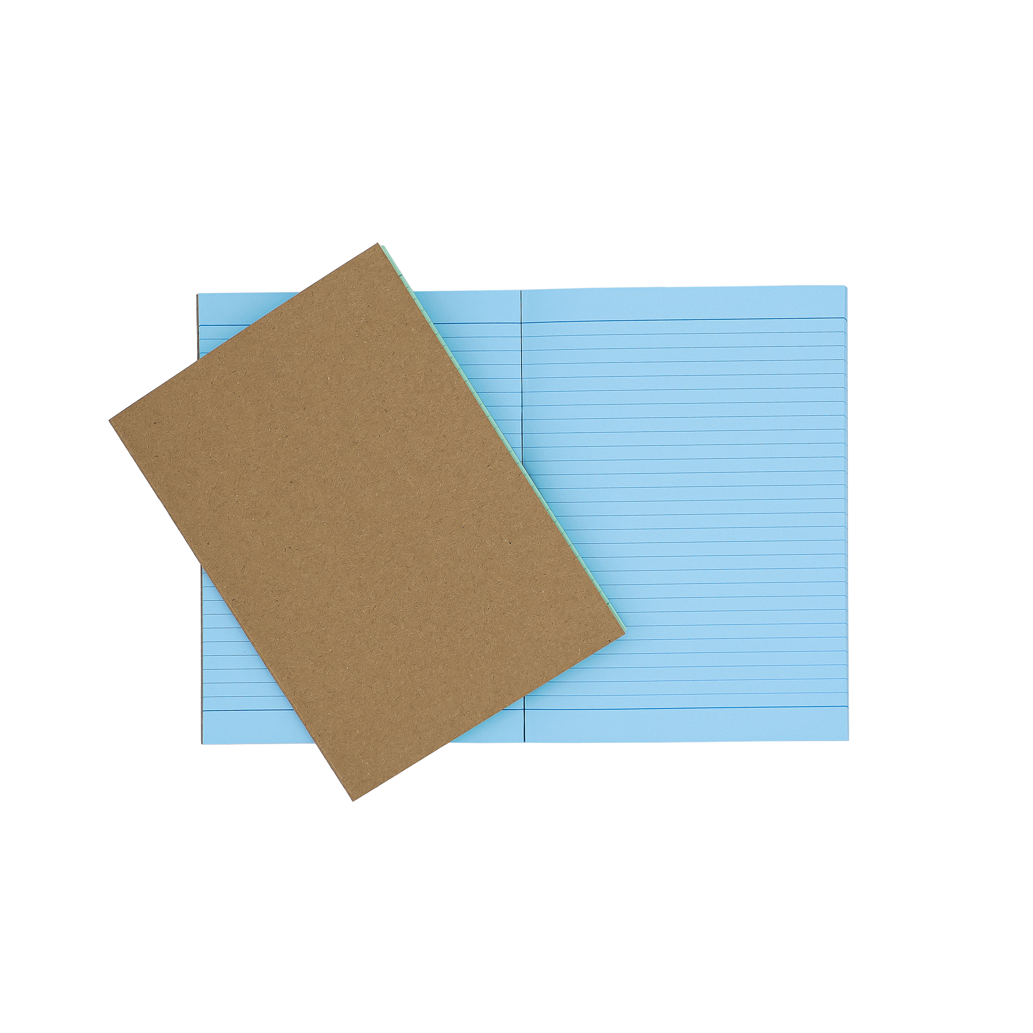 Socolo Exersize book with a kraft cover, open showing its blue paper pages, lined with blue ink. 