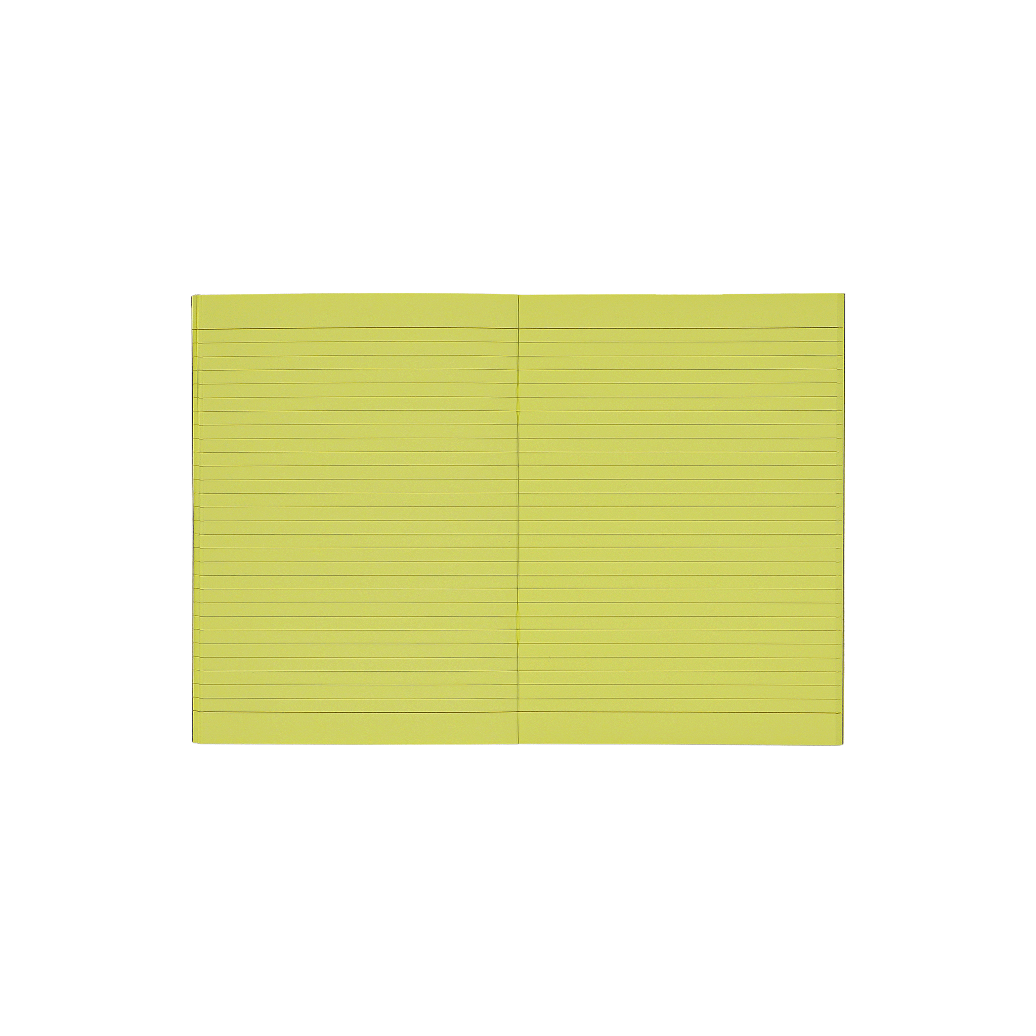Socolo notebook, open showing its yellow paper pages, lined with yellow ink. 