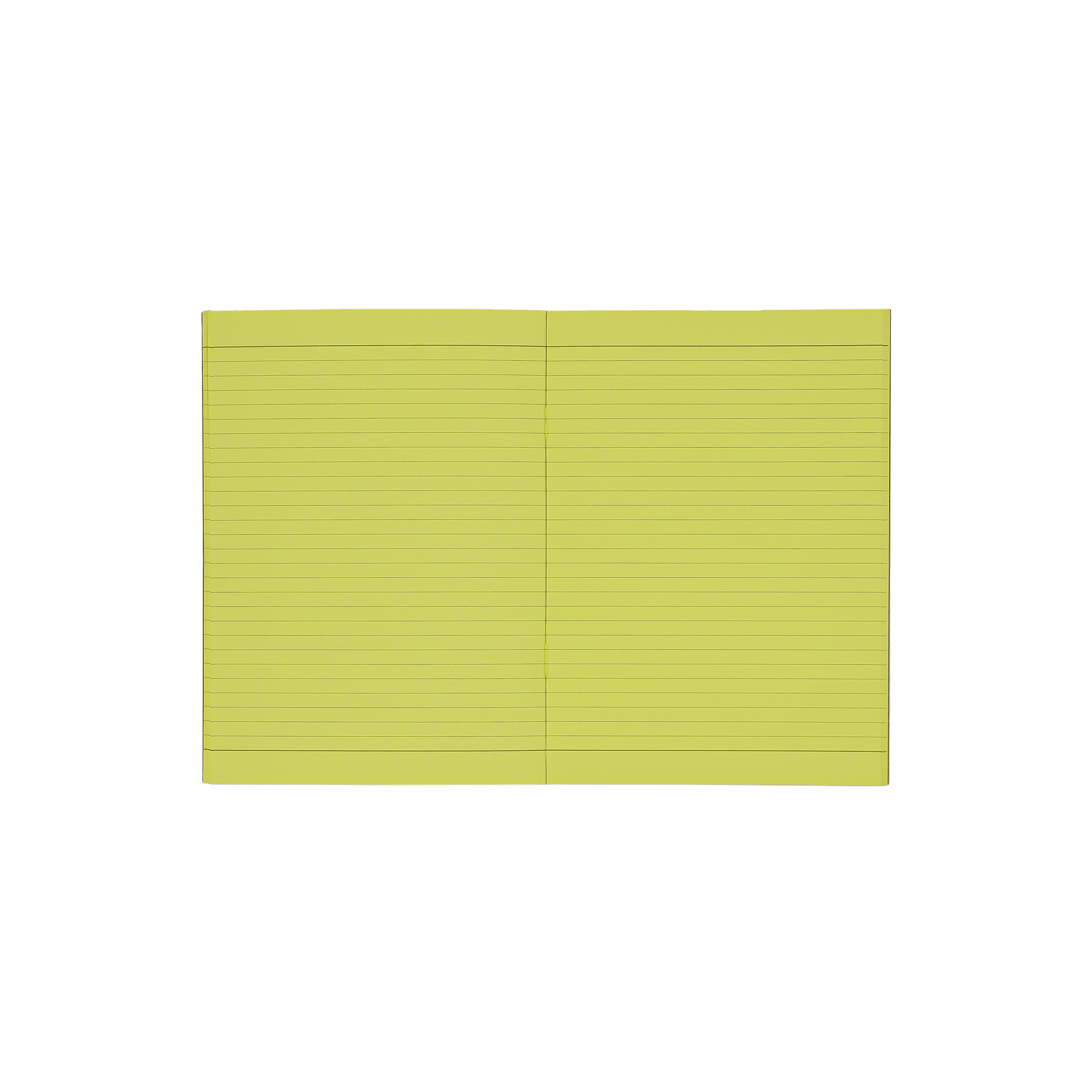 Socolo notebook, open showing its yellow paper pages, lined with yellow ink. 