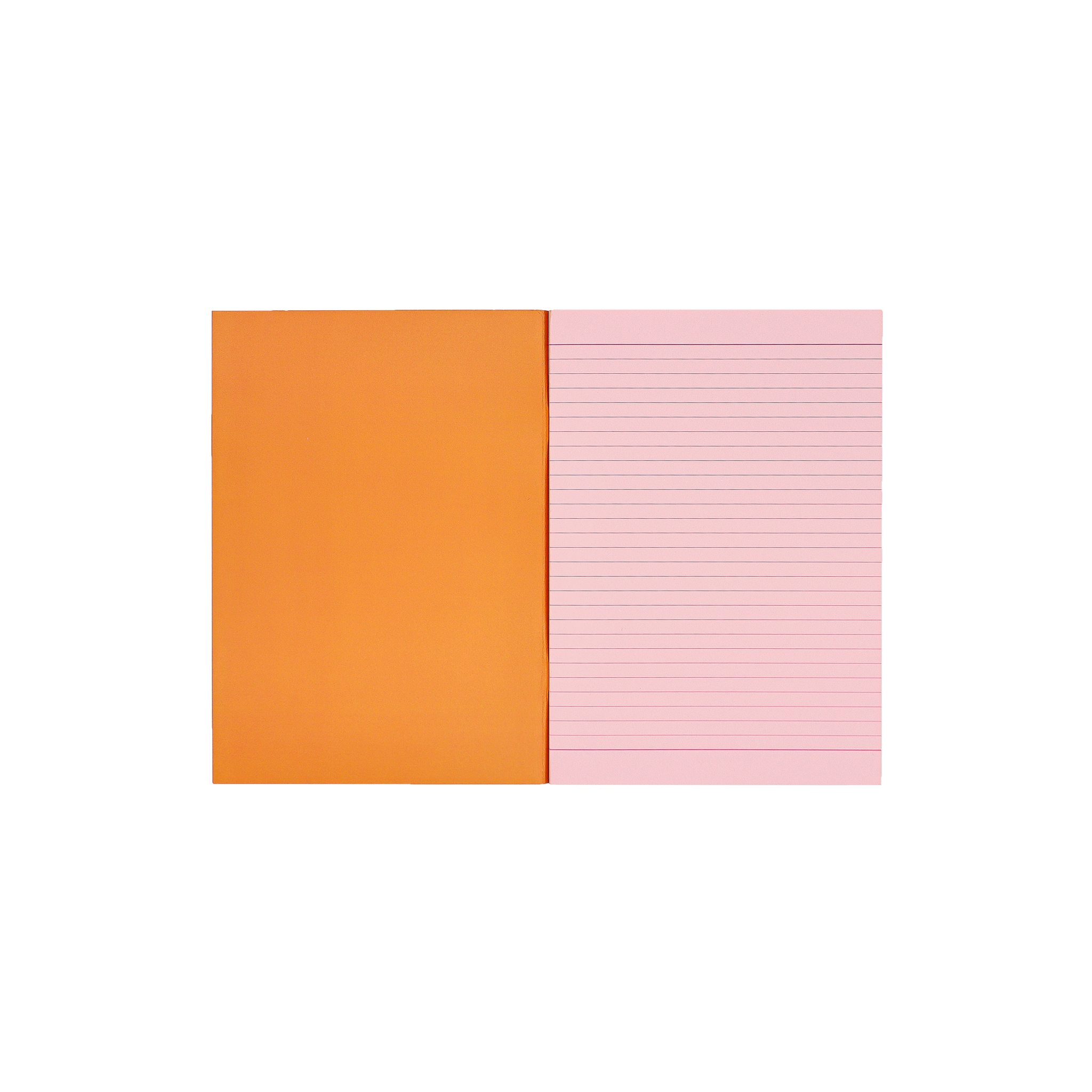 Socolo notebook, open showing its pink paper pages, lined with pink ink, and an orange inner cover.