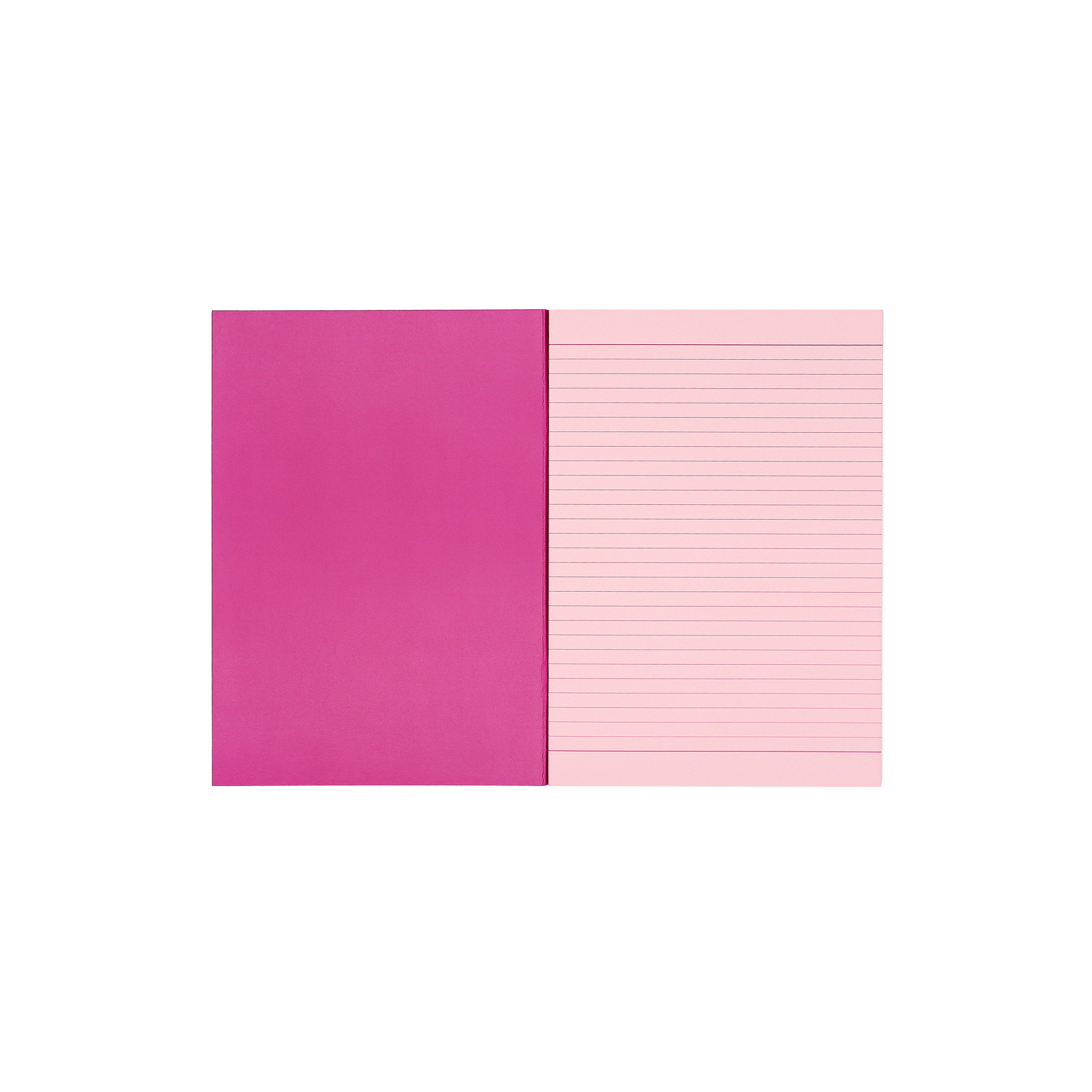 Socolo notebook, open showing its pink paper pages, lined with pink ink, and dark pink inner cover. 