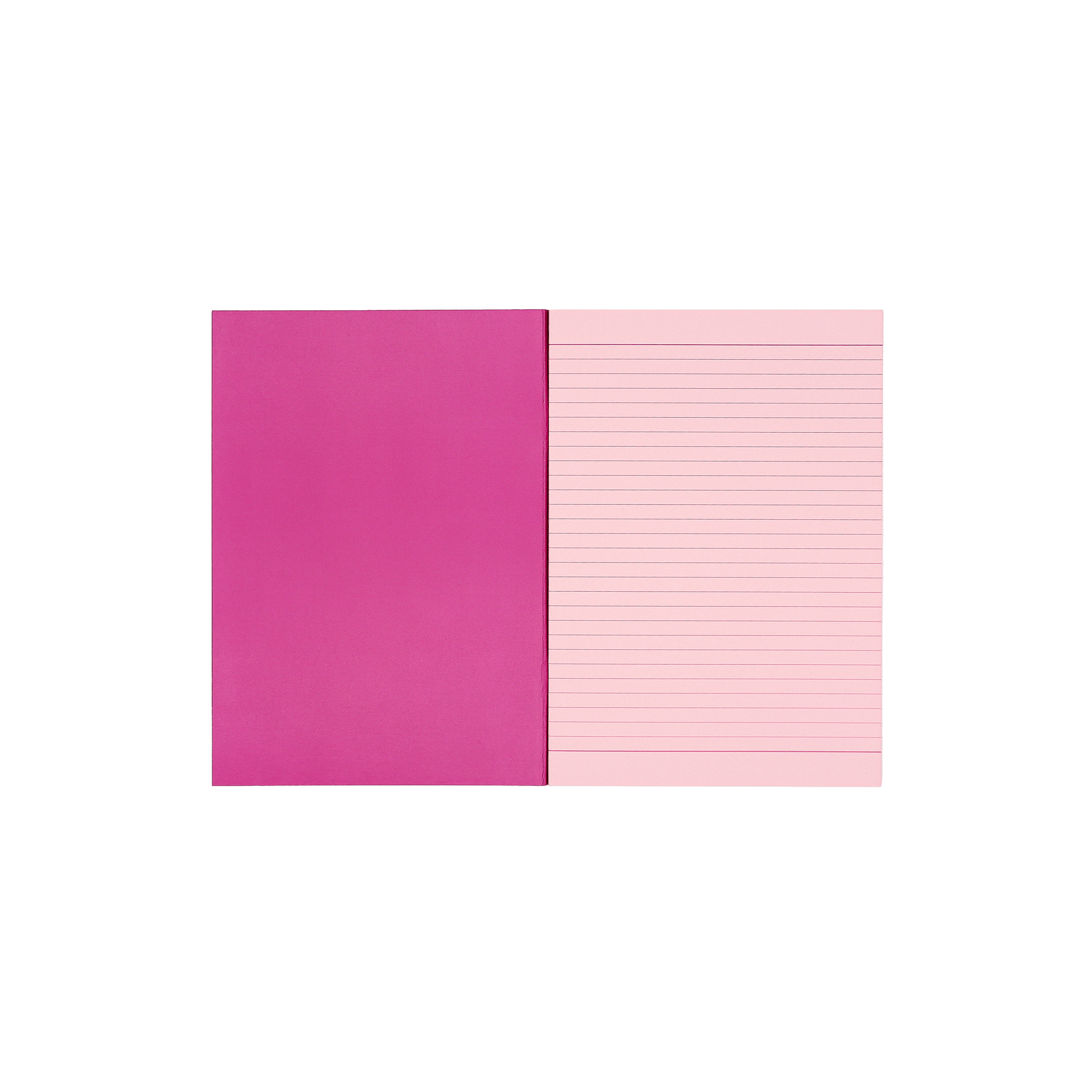 Socolo notebook, open showing its pink paper pages, lined with pink ink, and dark pink inner cover. 