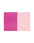 Socolo notebook, open showing its pink paper pages, lined with pink ink, and dark pink inner cover. 
