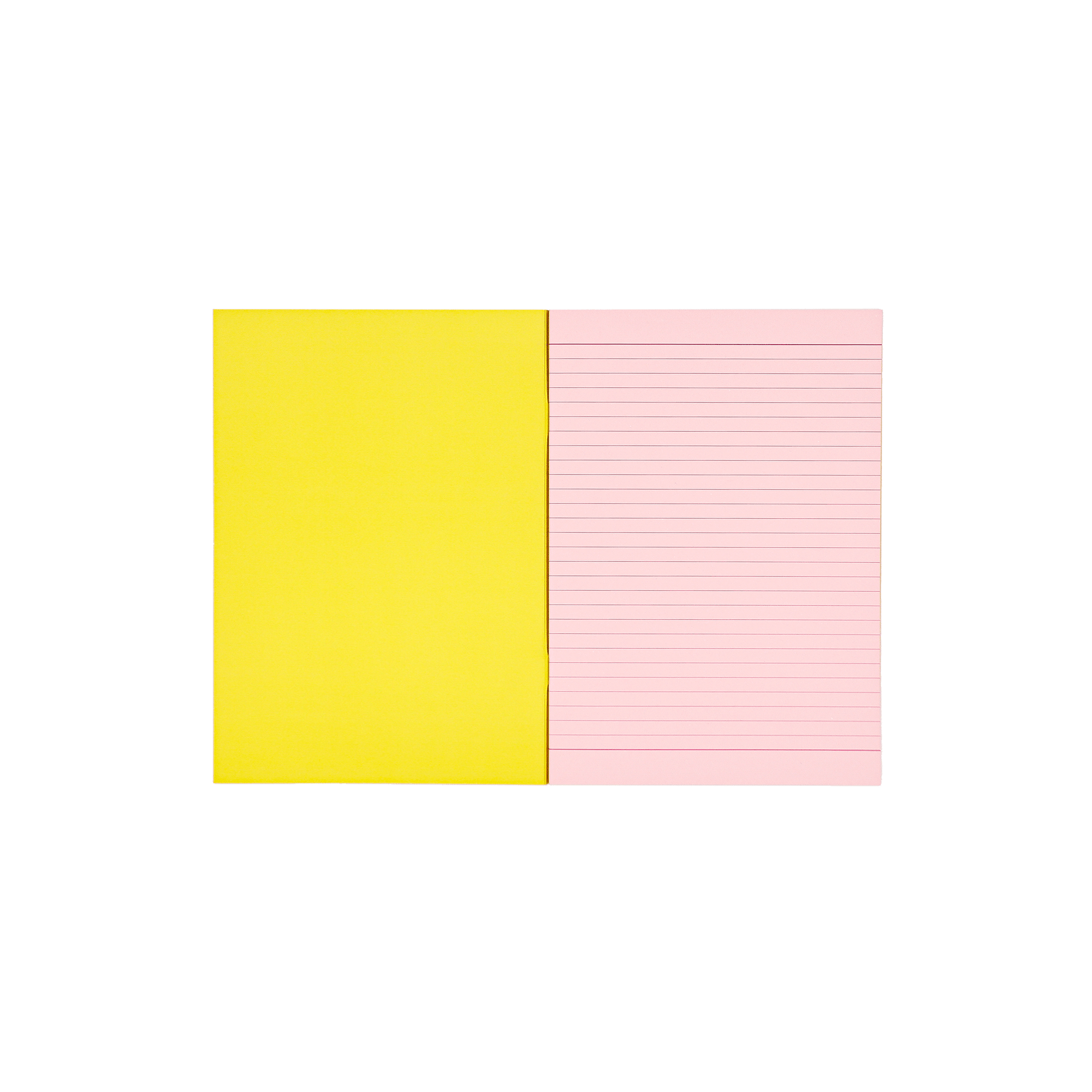 Socolo notebook, open showing its pink paper pages, lined with pink ink and a yellow inner cover.