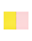 Socolo notebook, open showing its pink paper pages, lined with pink ink and a yellow inner cover.
