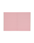 Socolo notebook, open showing its pink paper pages, lined with pink ink. 