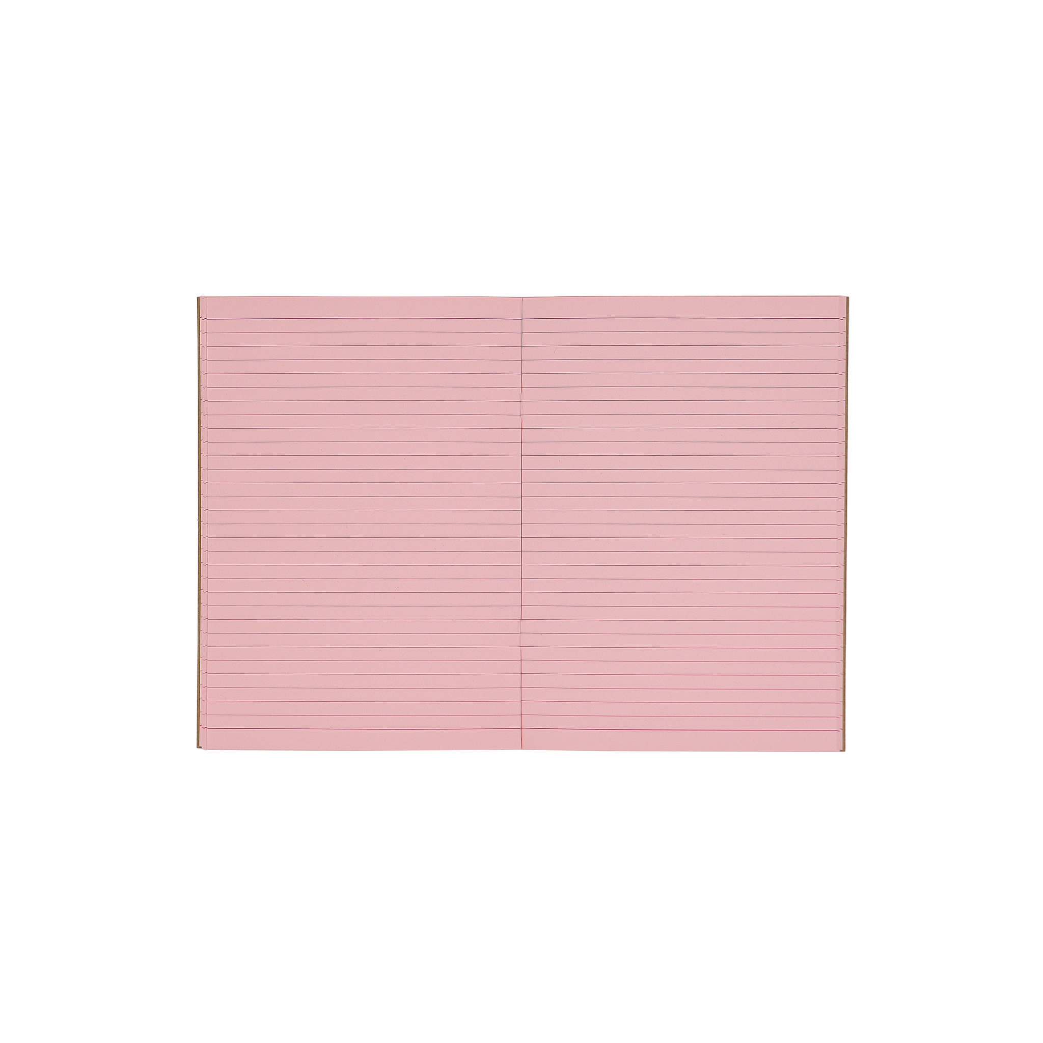 Socolo notebook, open showing its pink paper pages, lined with pink ink. 