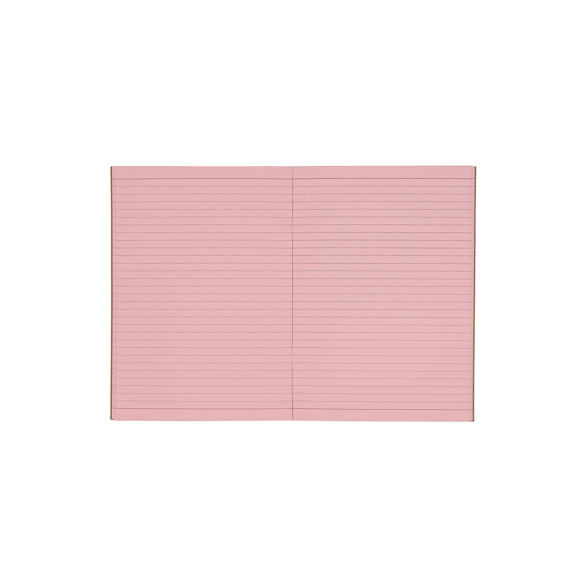 Socolo notebook, open showing its pink paper pages, lined with pink ink. 