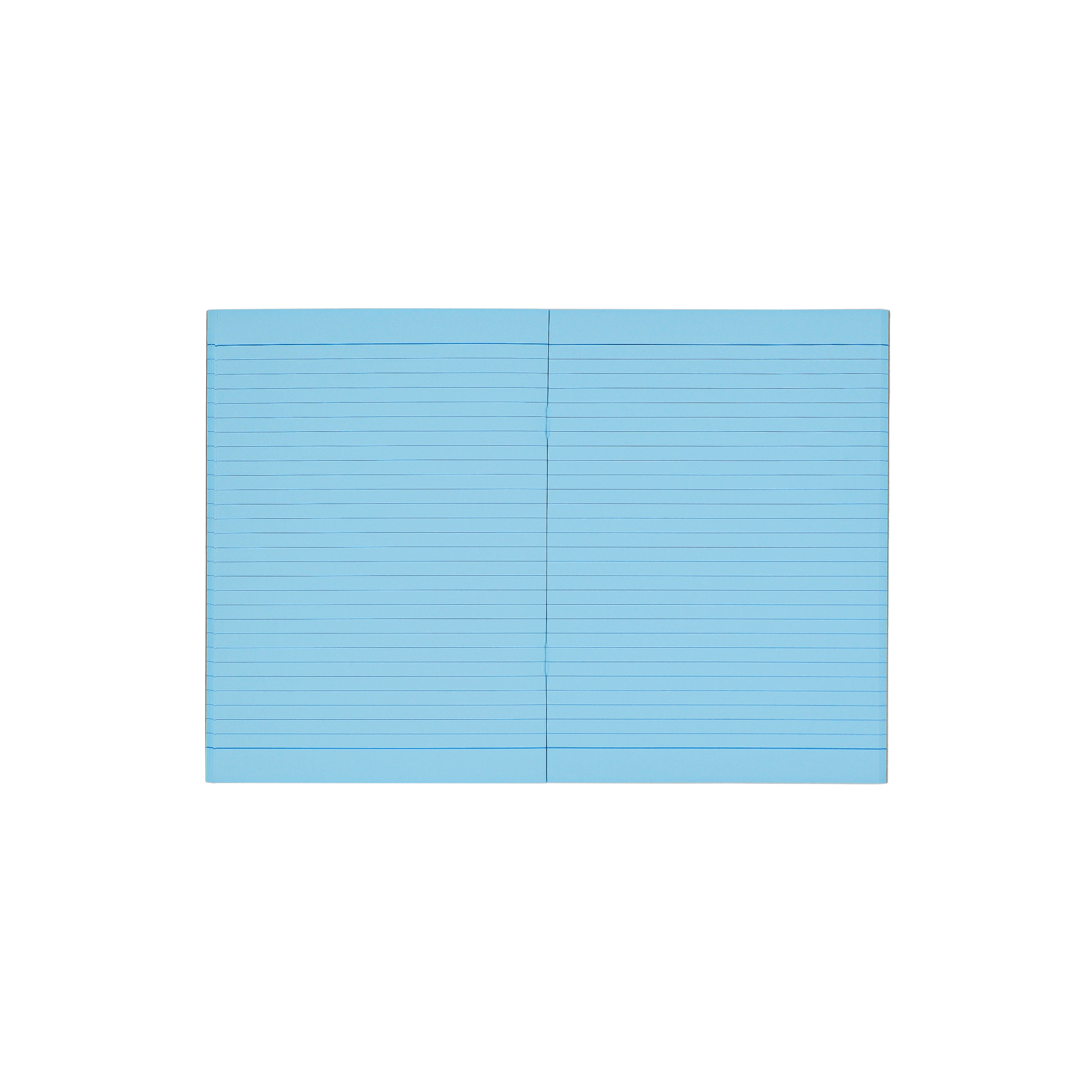 Socolo notebook, open showing its blue paper pages, lined with blue ink. 
