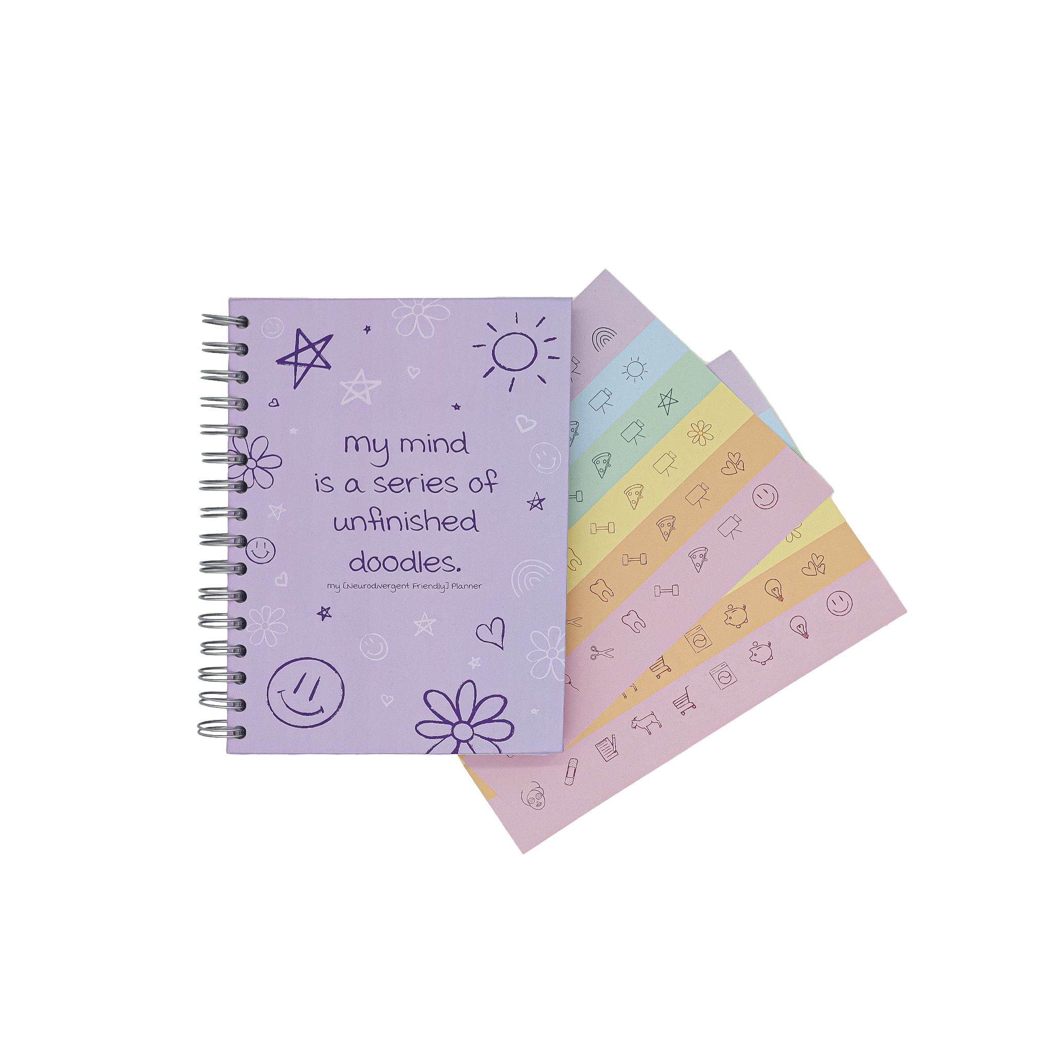 Purple planner, by Dyslexic Dayna , with the title of My Mind is a Series of Unfinished Doodles. There are 2 A5 sheets of rainbow planner stickers, sticking out of the planner. 